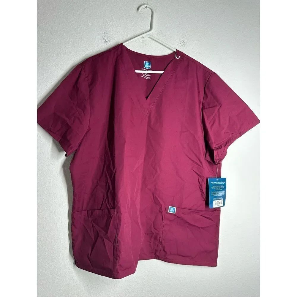NWT Adar Scrubs Women’s Top Uniform Advantage V Neck Pocket Burgandy Size 2X